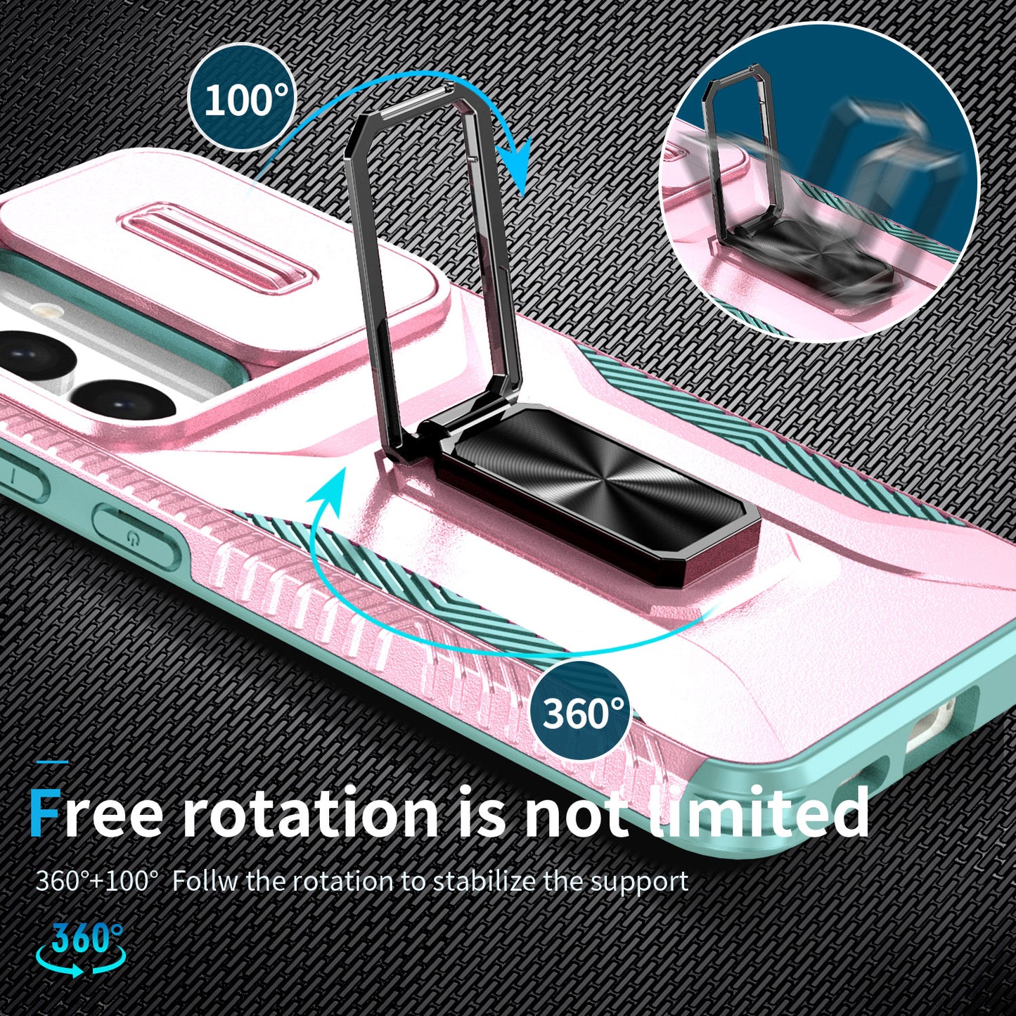 For Samsung Galaxy S24 Case Kickstand PC+TPU Phone Cover Support Magnetic Car Mount - Pink+Cyan