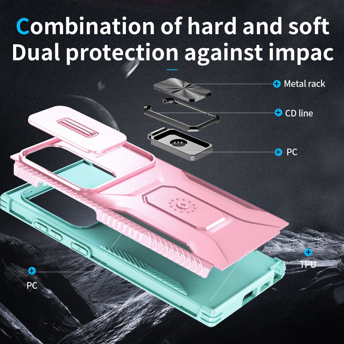 For Samsung Galaxy S24 Ultra Case Rotate Kickstand Slide Lens Window Phone Cover - Pink+Cyan