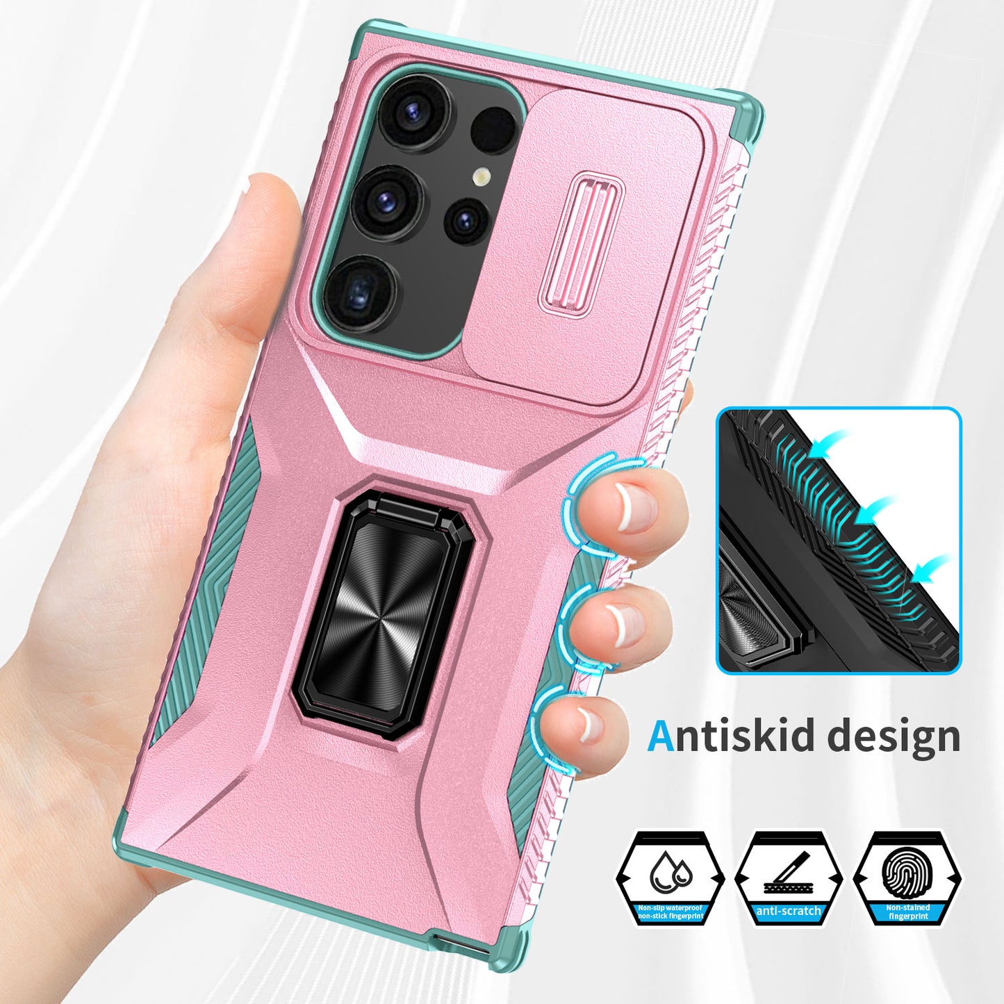For Samsung Galaxy S24 Ultra Case Rotate Kickstand Slide Lens Window Phone Cover - Pink+Cyan