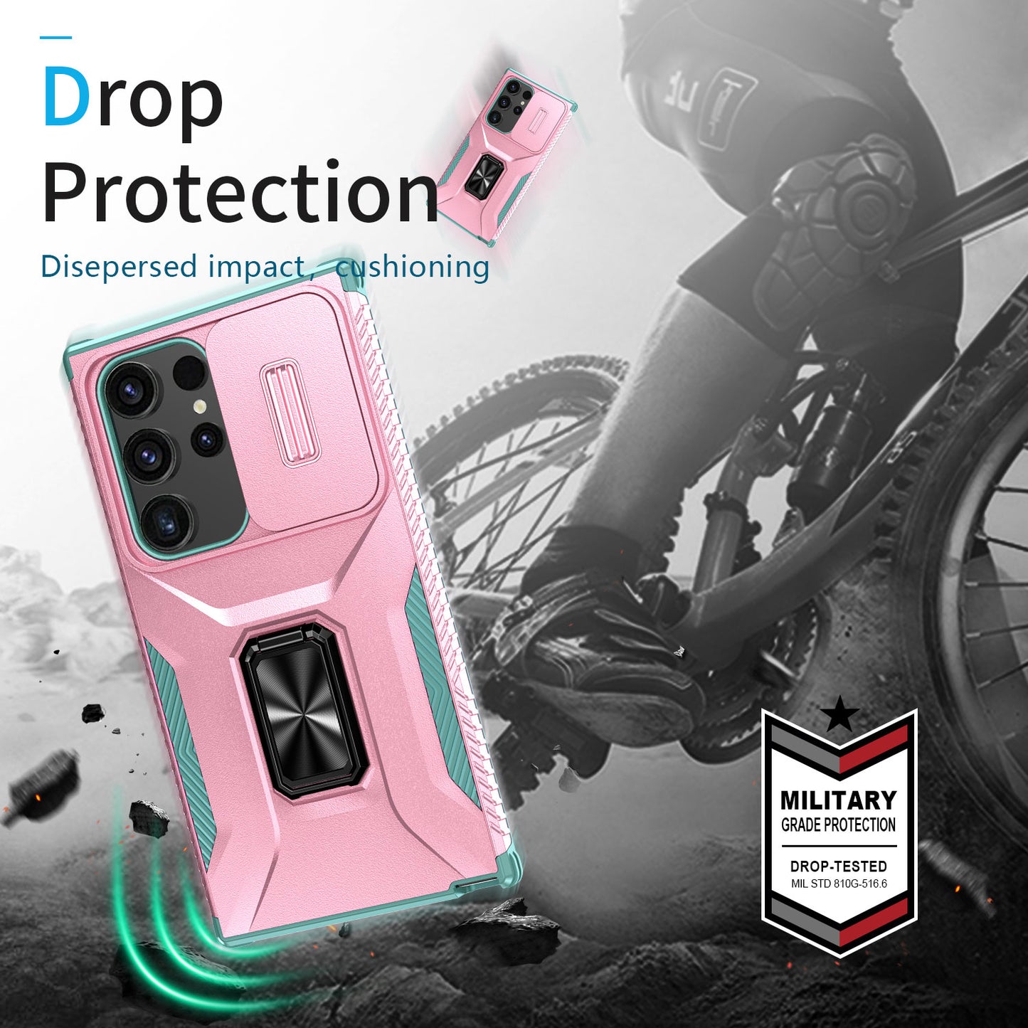 For Samsung Galaxy S24 Ultra Case Rotate Kickstand Slide Lens Window Phone Cover - Pink+Cyan