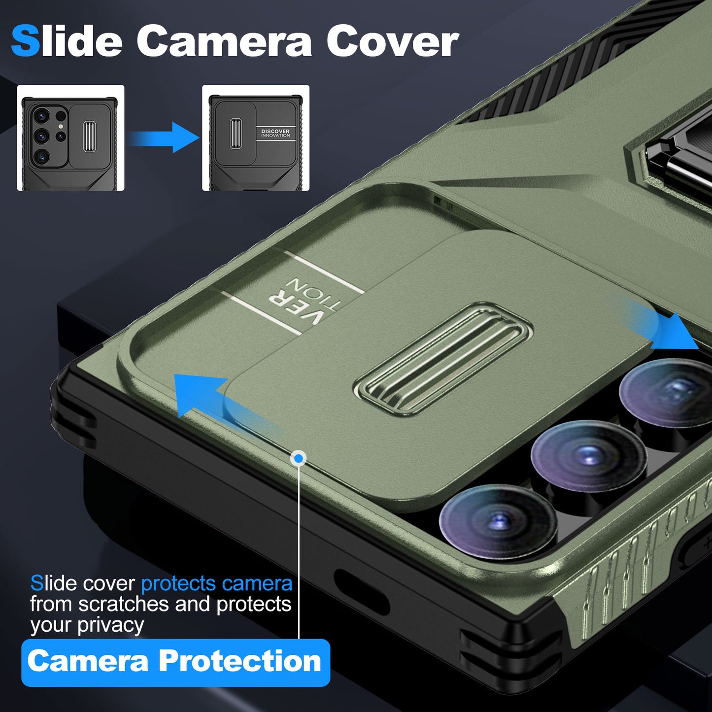 For Samsung Galaxy S24 Ultra Case Rotate Kickstand Slide Lens Window Phone Cover - Green