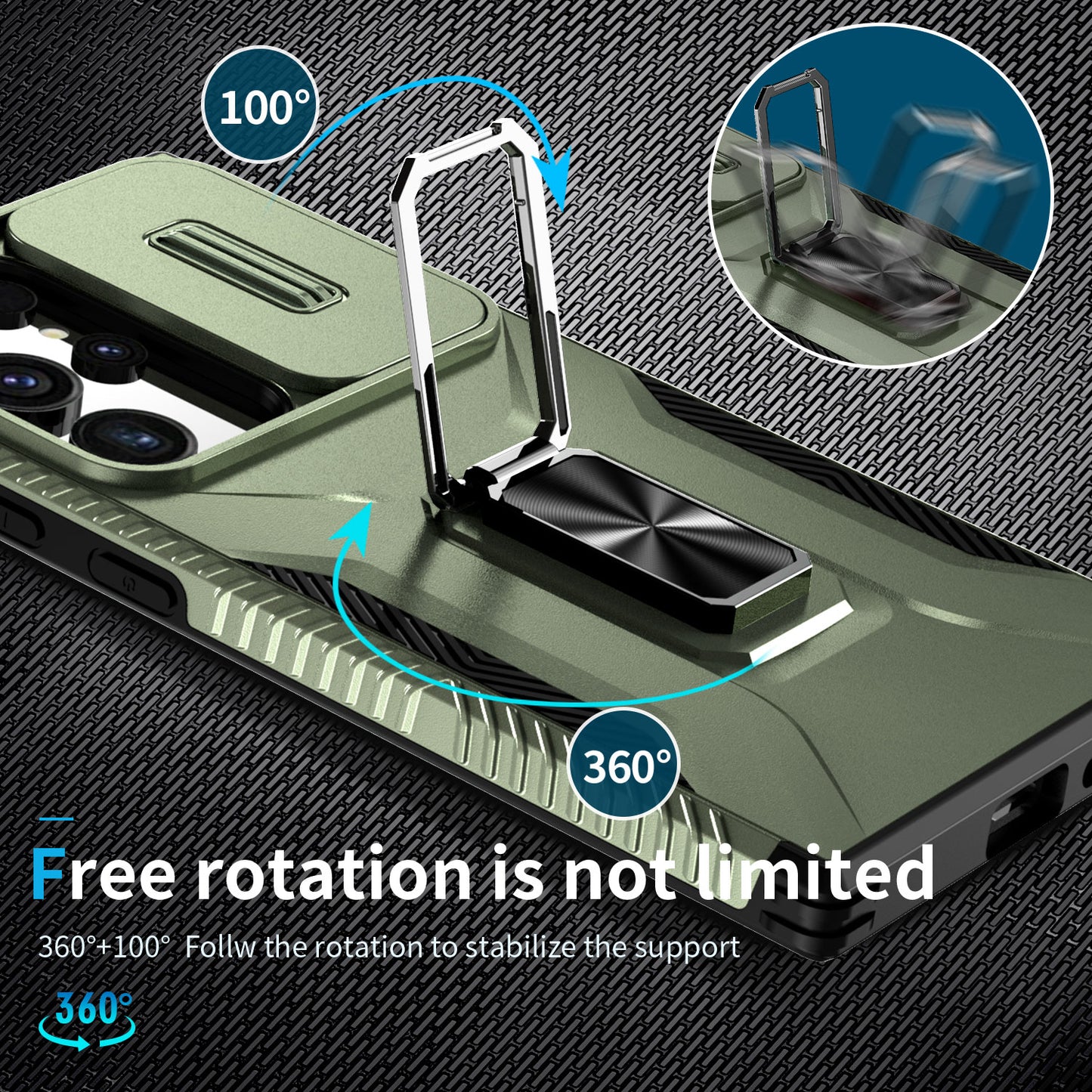 For Samsung Galaxy S24 Ultra Case Rotate Kickstand Slide Lens Window Phone Cover - Green