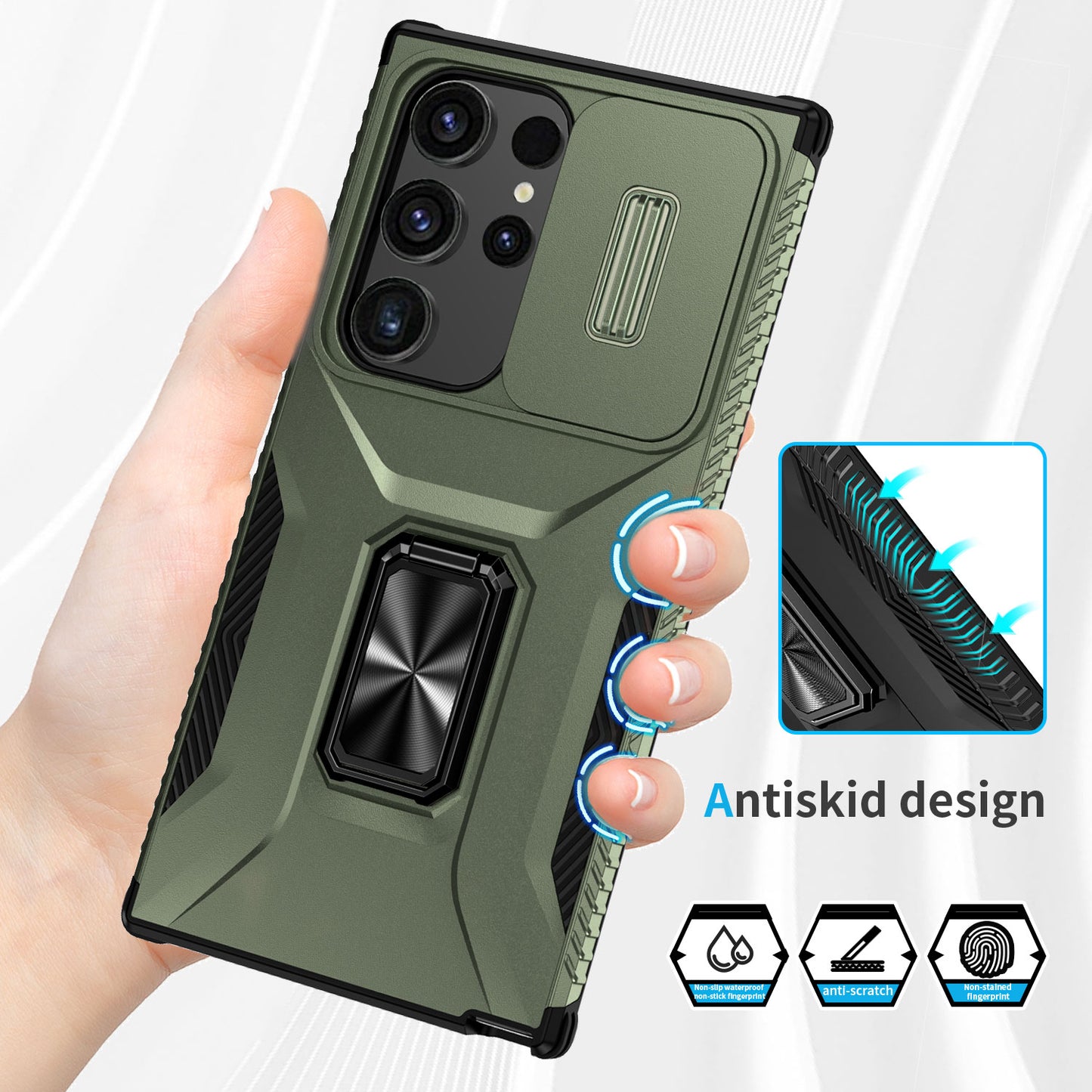 For Samsung Galaxy S24 Ultra Case Rotate Kickstand Slide Lens Window Phone Cover - Green