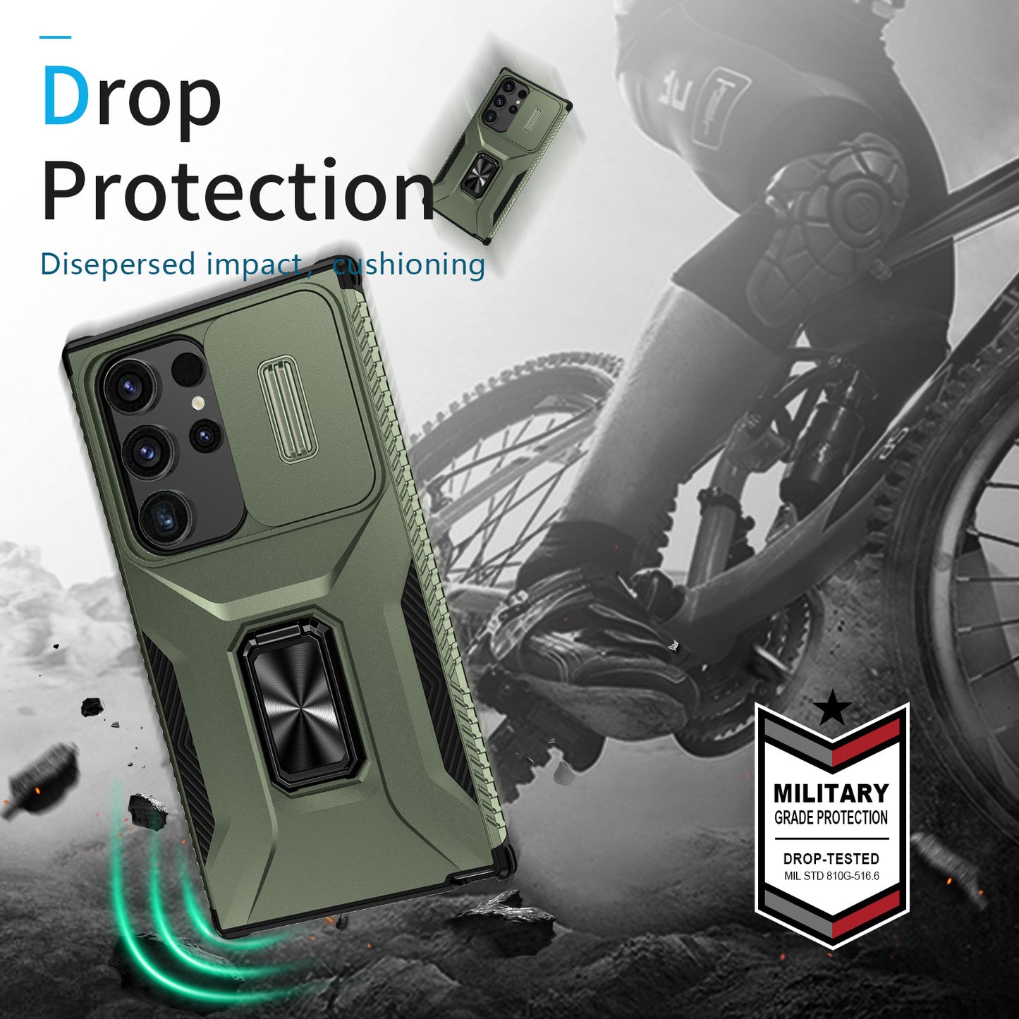 For Samsung Galaxy S24 Ultra Case Rotate Kickstand Slide Lens Window Phone Cover - Green