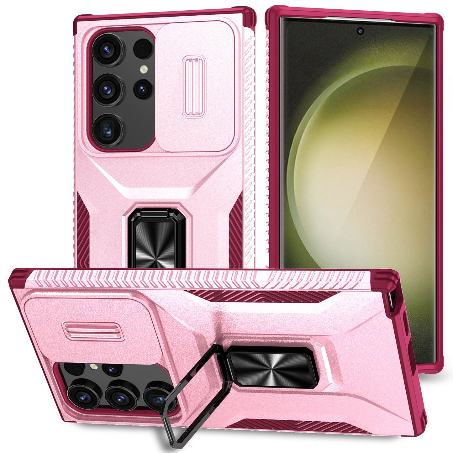 For Samsung Galaxy S24 Ultra Case Rotate Kickstand Slide Lens Window Phone Cover - Pink+Rose