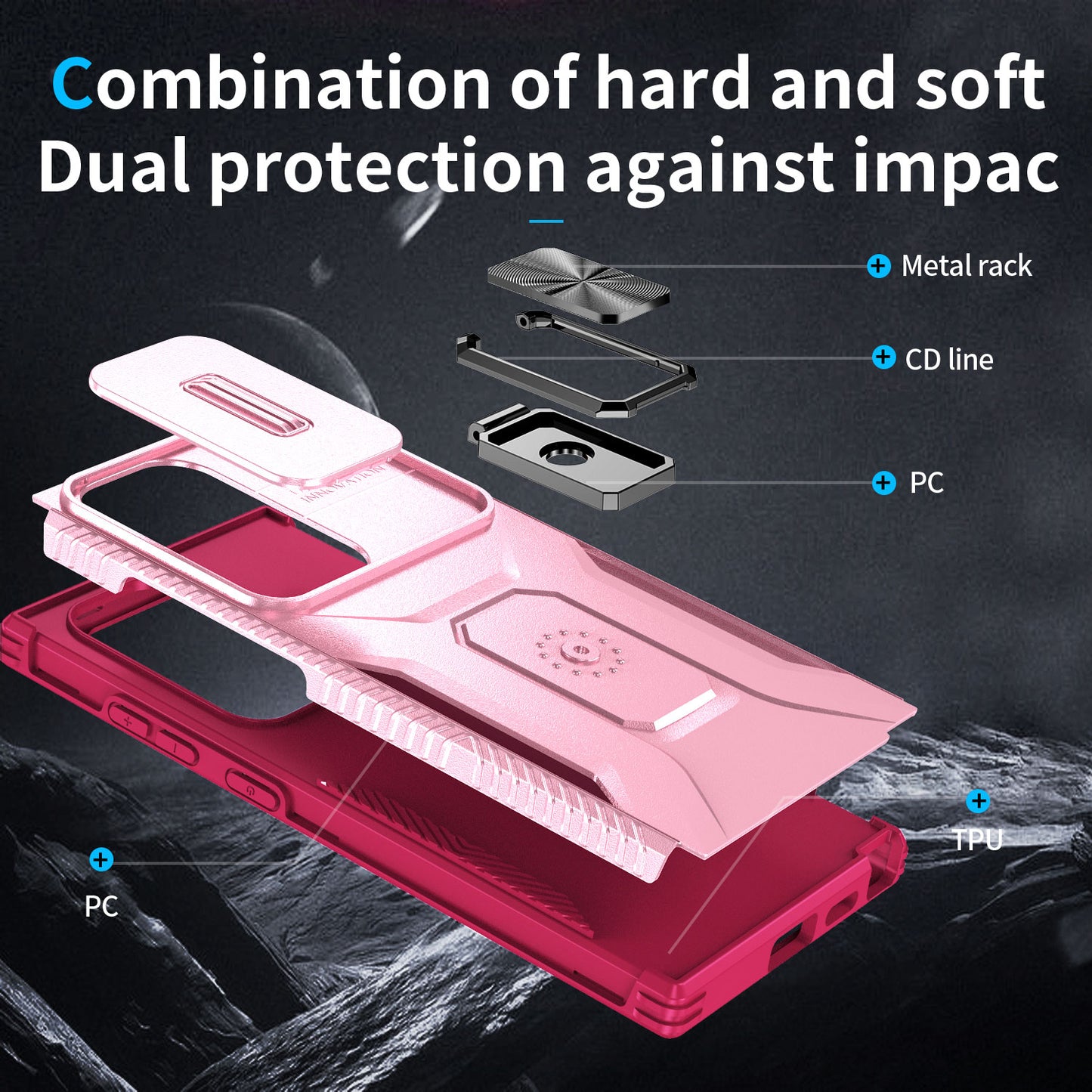 For Samsung Galaxy S24 Ultra Case Rotate Kickstand Slide Lens Window Phone Cover - Pink+Rose