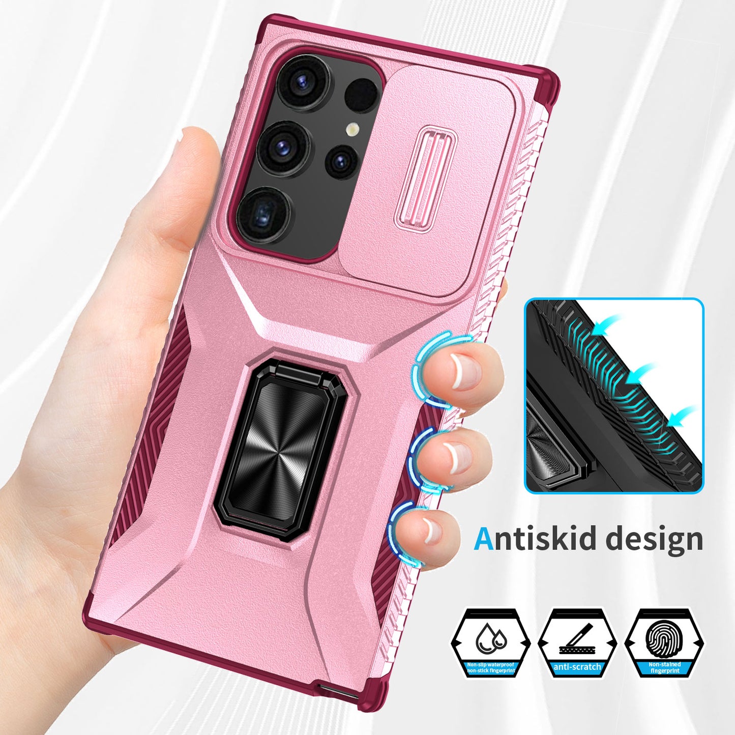 For Samsung Galaxy S24 Ultra Case Rotate Kickstand Slide Lens Window Phone Cover - Pink+Rose