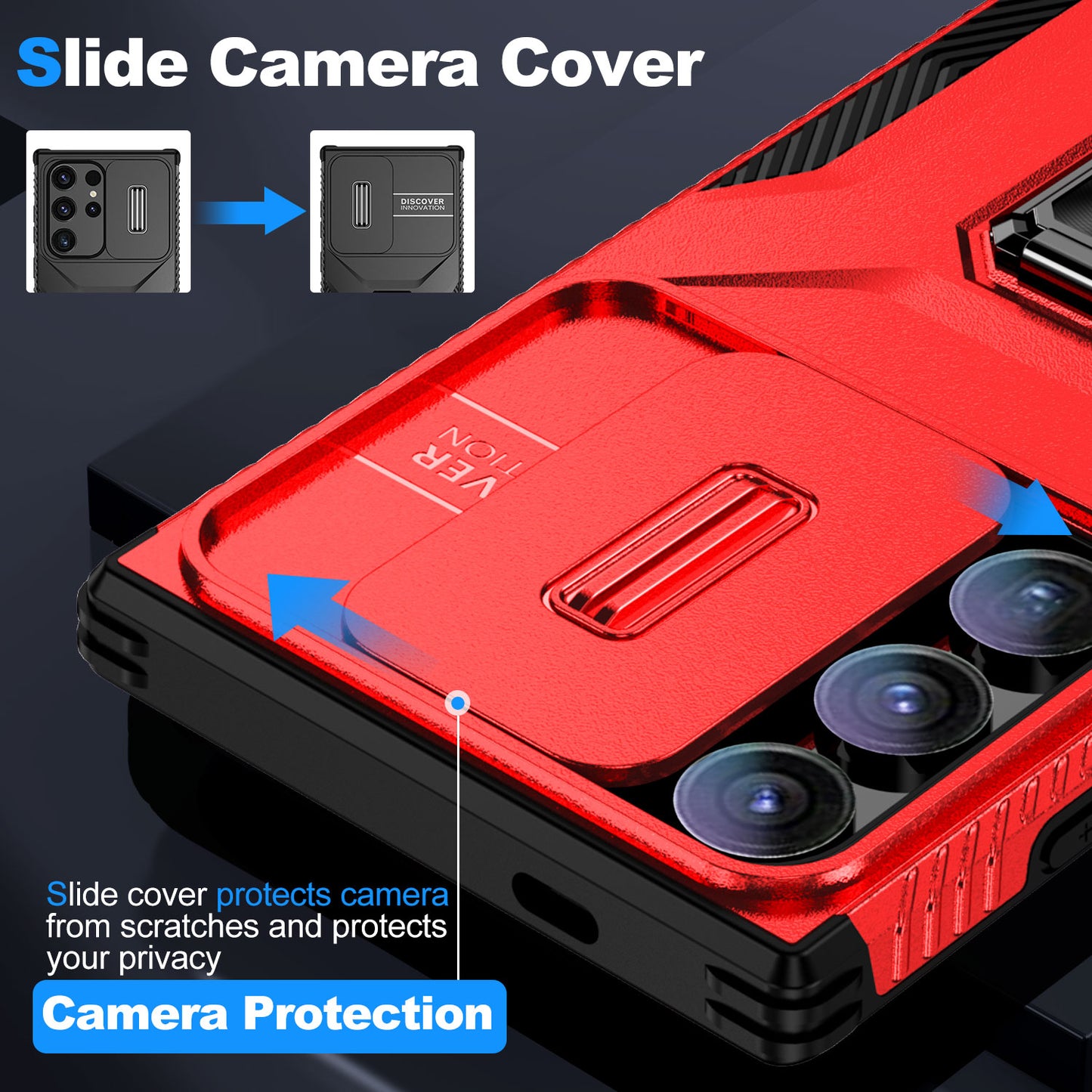 For Samsung Galaxy S24 Ultra Case Rotate Kickstand Slide Lens Window Phone Cover - Red