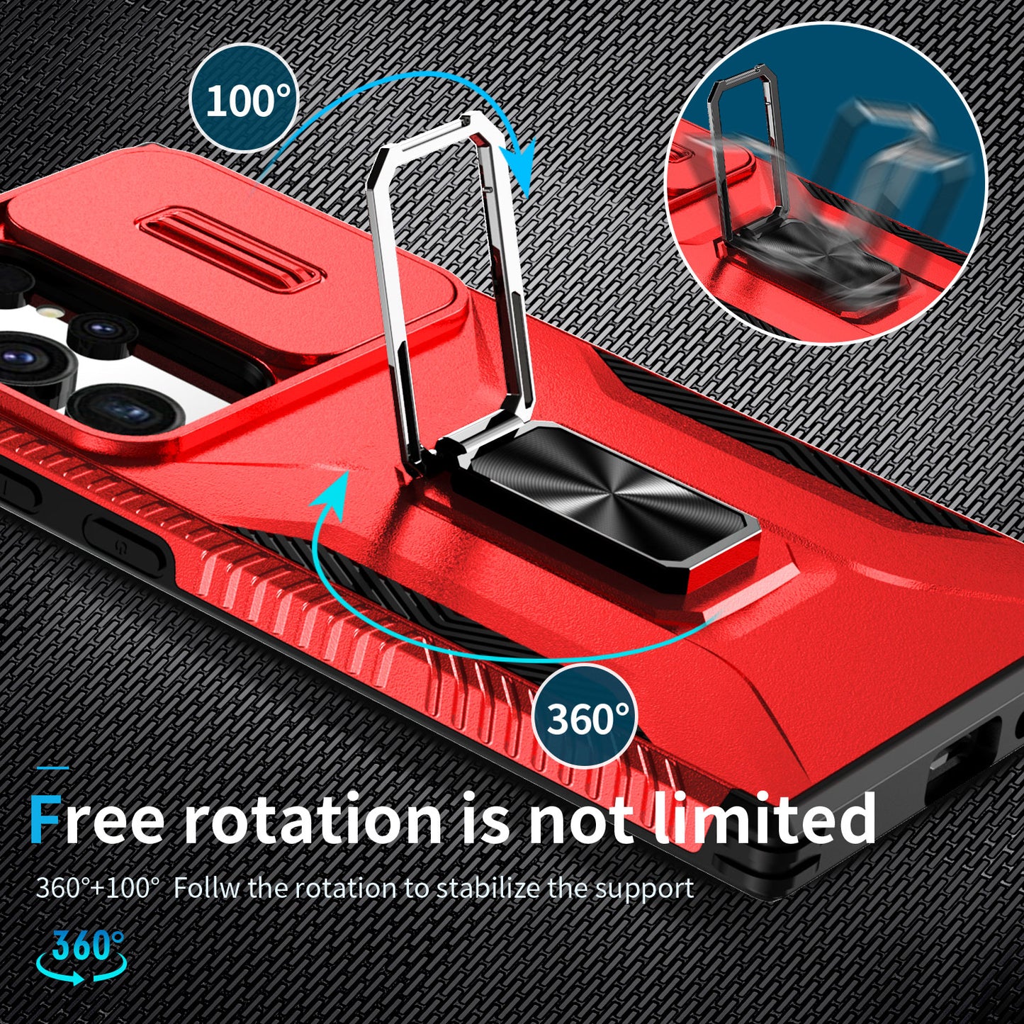 For Samsung Galaxy S24 Ultra Case Rotate Kickstand Slide Lens Window Phone Cover - Red
