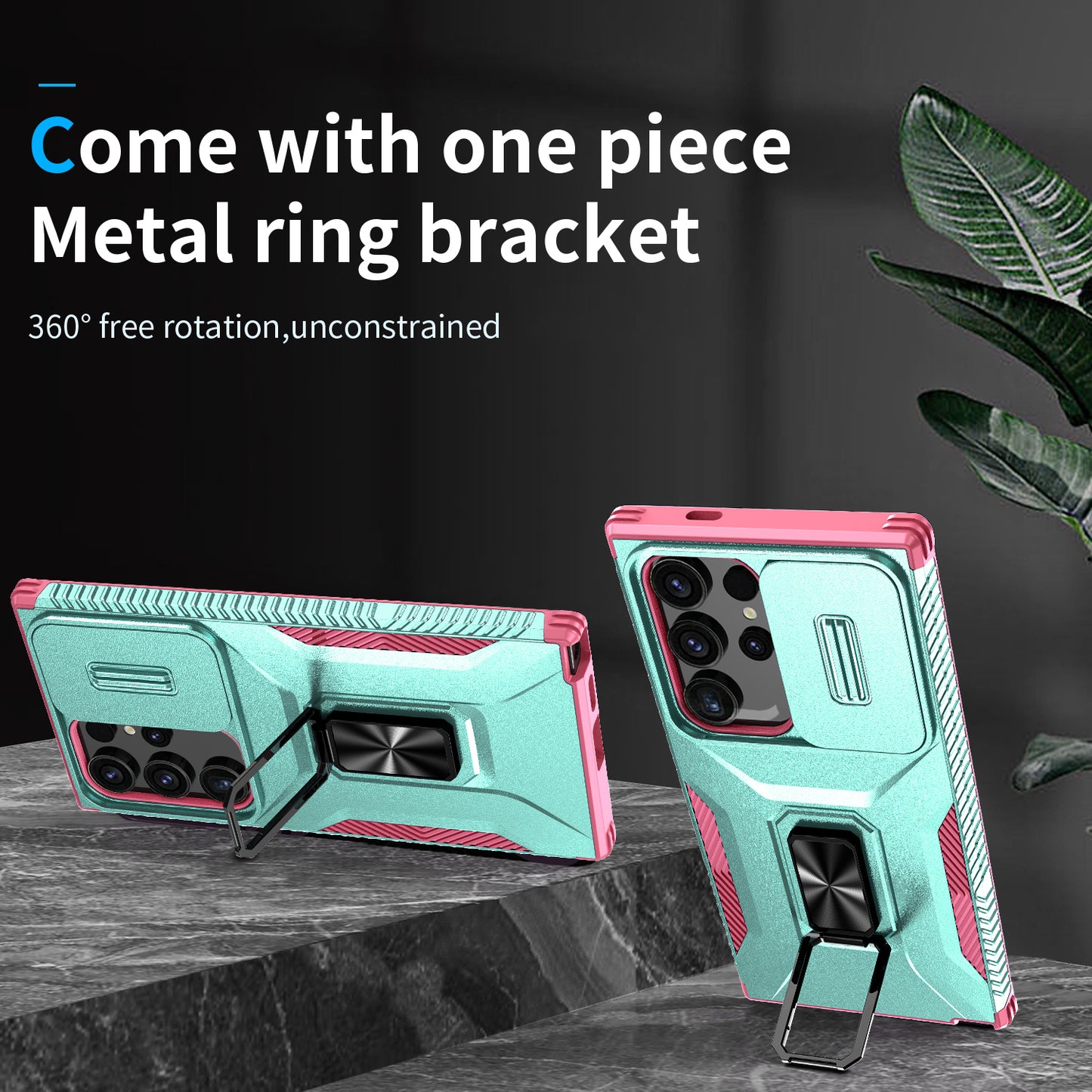 For Samsung Galaxy S24 Ultra Case Rotate Kickstand Slide Lens Window Phone Cover - Cyan+Pink