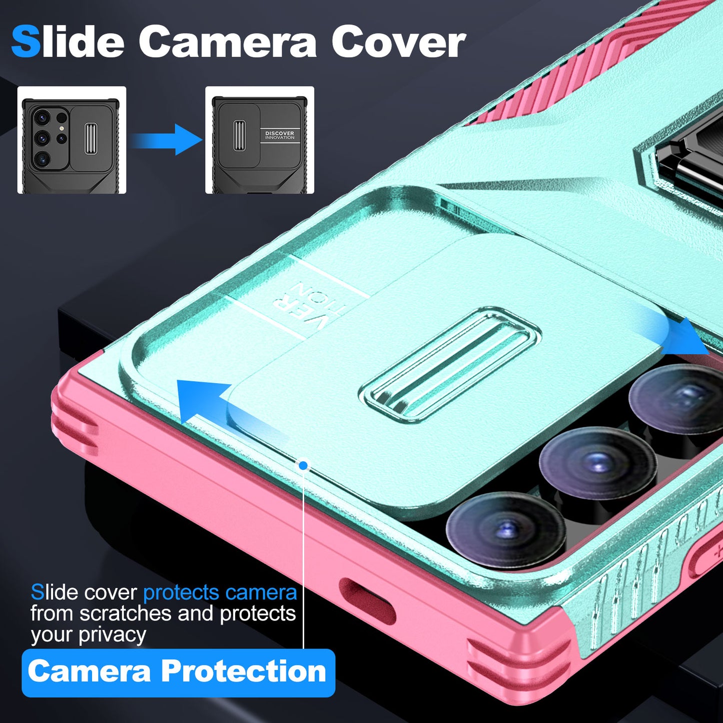 For Samsung Galaxy S24 Ultra Case Rotate Kickstand Slide Lens Window Phone Cover - Cyan+Pink