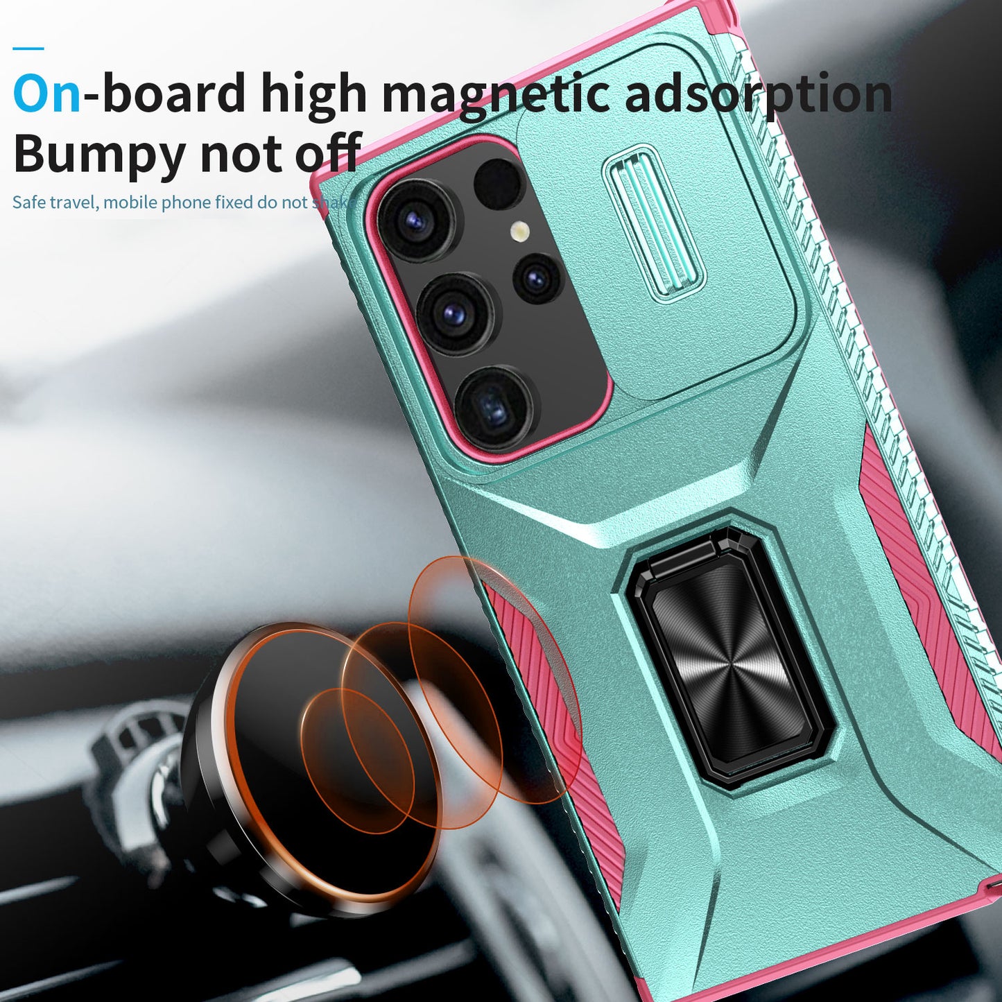 For Samsung Galaxy S24 Ultra Case Rotate Kickstand Slide Lens Window Phone Cover - Cyan+Pink