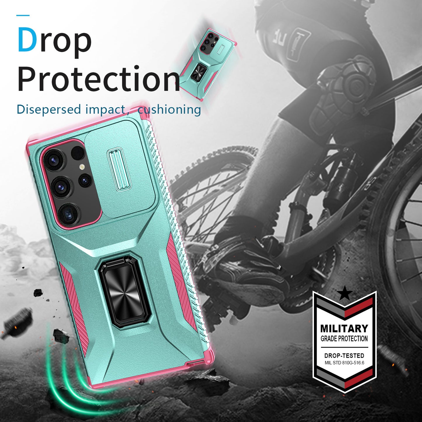 For Samsung Galaxy S24 Ultra Case Rotate Kickstand Slide Lens Window Phone Cover - Cyan+Pink