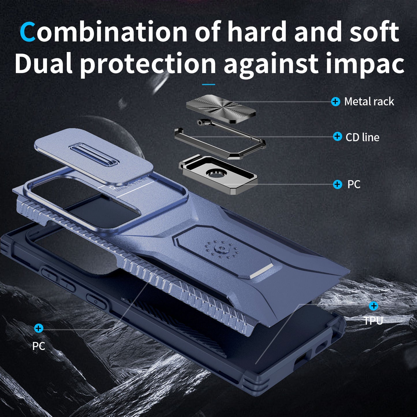 For Samsung Galaxy S24 Ultra Case Rotate Kickstand Slide Lens Window Phone Cover - Blue
