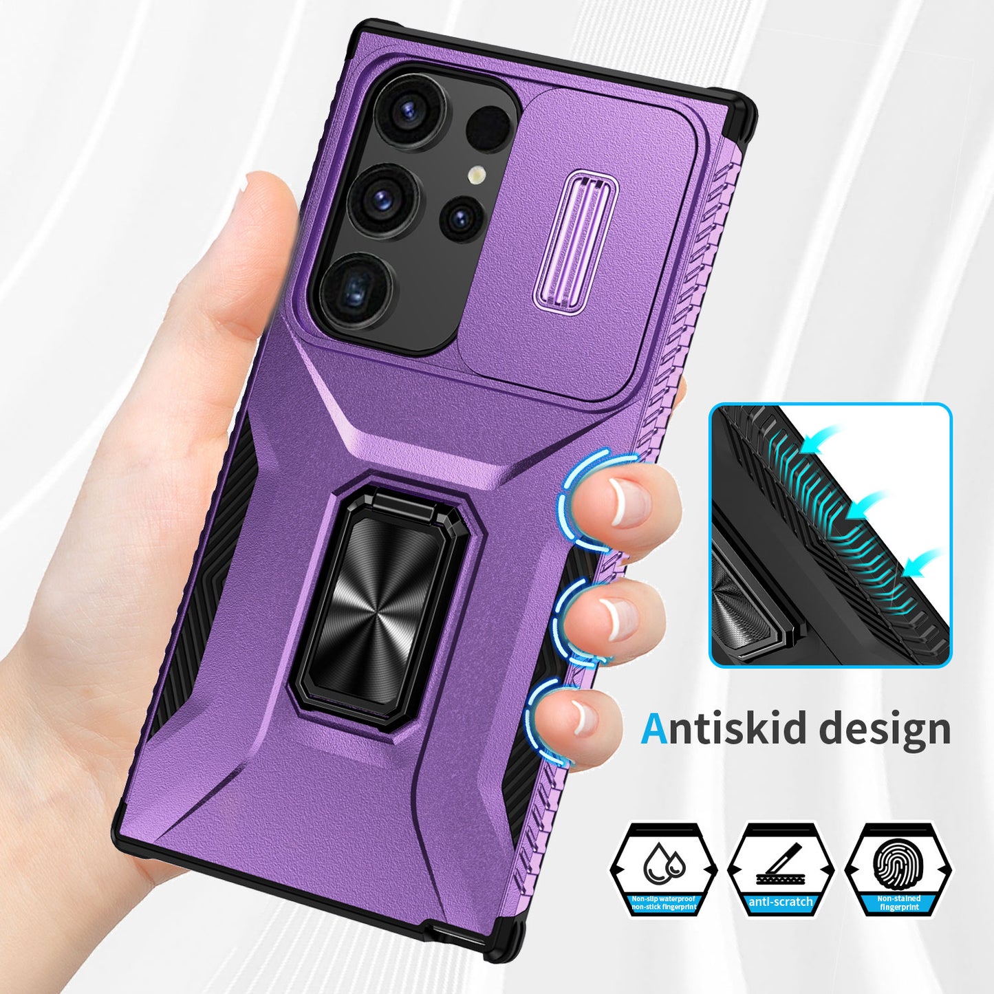 For Samsung Galaxy S24 Ultra Case Rotate Kickstand Slide Lens Window Phone Cover - Purple