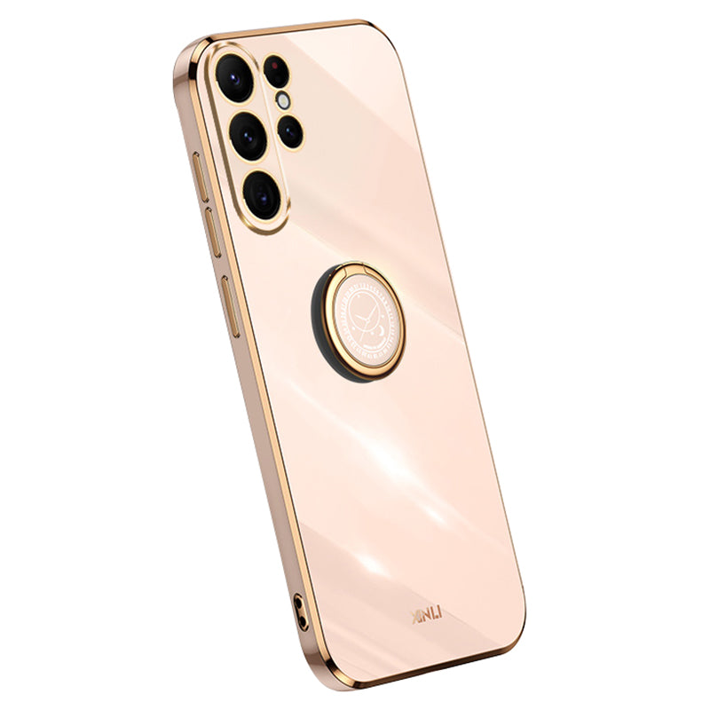 XINLI For Samsung Galaxy S24 Ultra Cover Electroplated TPU Phone Case with Ring Kickstand - Pink