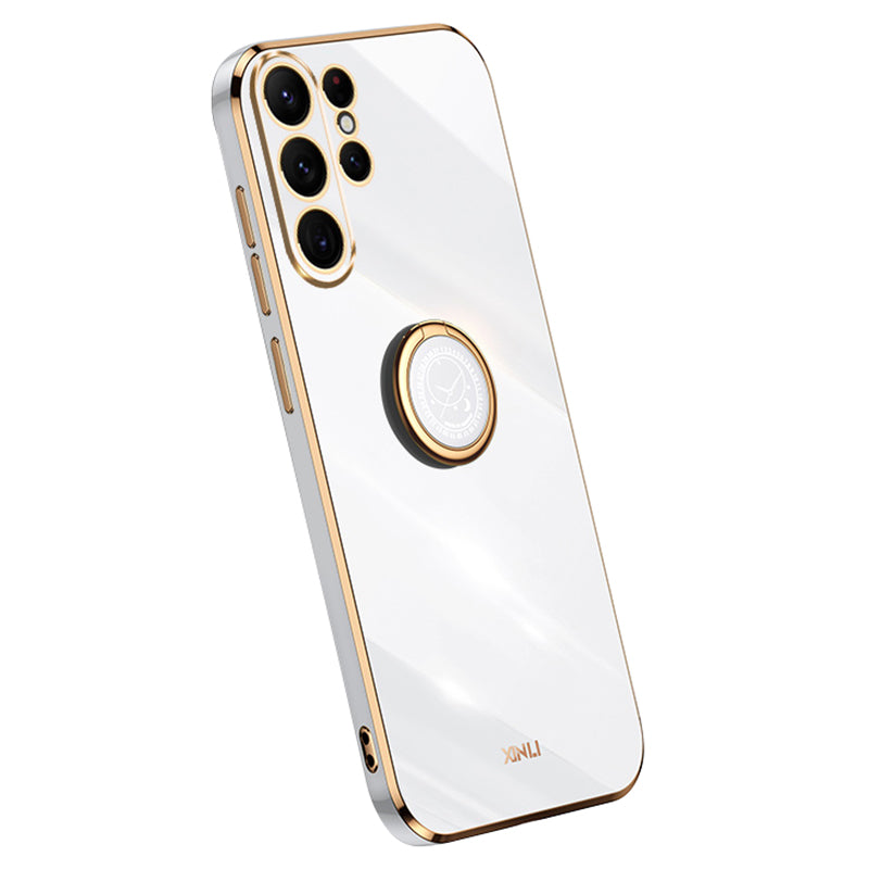 XINLI For Samsung Galaxy S24 Ultra Cover Electroplated TPU Phone Case with Ring Kickstand - White
