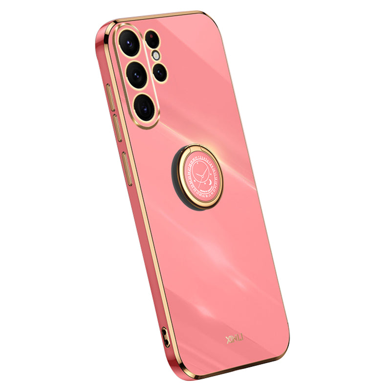 XINLI For Samsung Galaxy S24 Ultra Cover Electroplated TPU Phone Case with Ring Kickstand - Red