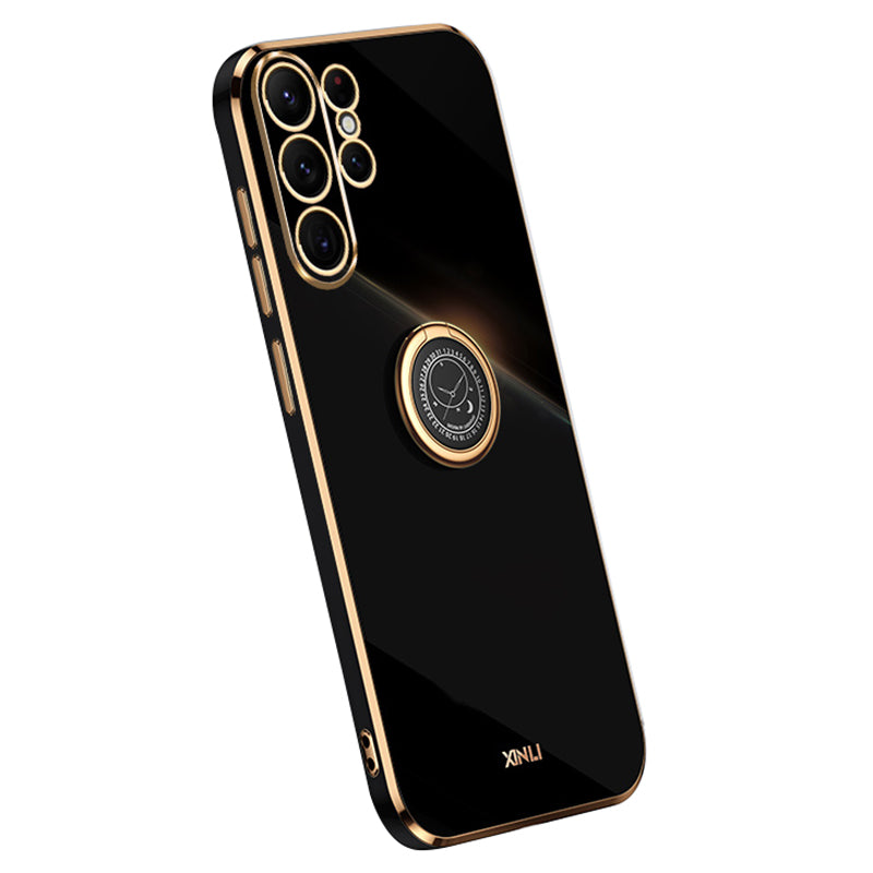 XINLI For Samsung Galaxy S24 Ultra Cover Electroplated TPU Phone Case with Ring Kickstand - Black