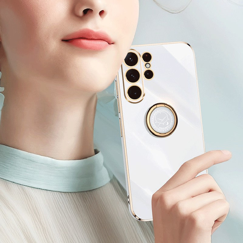 XINLI For Samsung Galaxy S24 Ultra Cover Electroplated TPU Phone Case with Ring Kickstand - Black