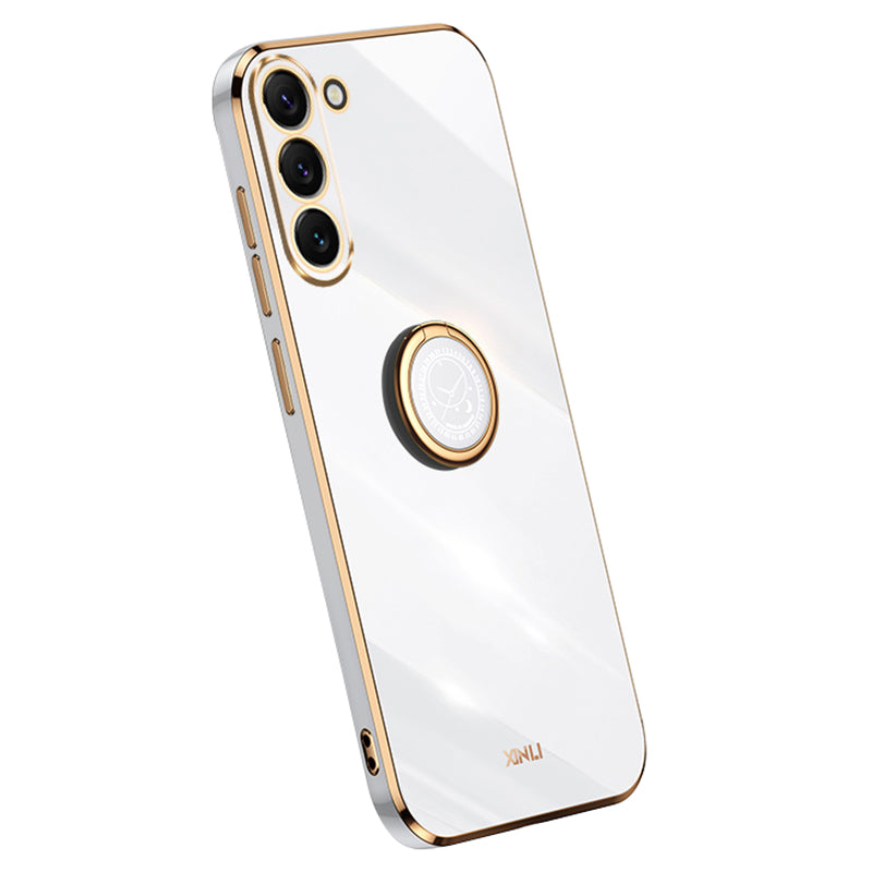 XINLI For Samsung Galaxy S24 Case Electroplated TPU Phone Ring Kickstand Back Cover - White