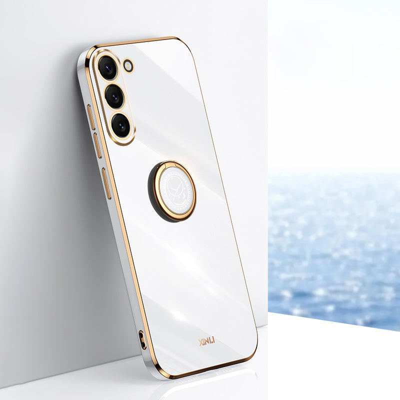 XINLI For Samsung Galaxy S24+ Cover Golden Edge TPU Phone Case with Ring Kickstand - White