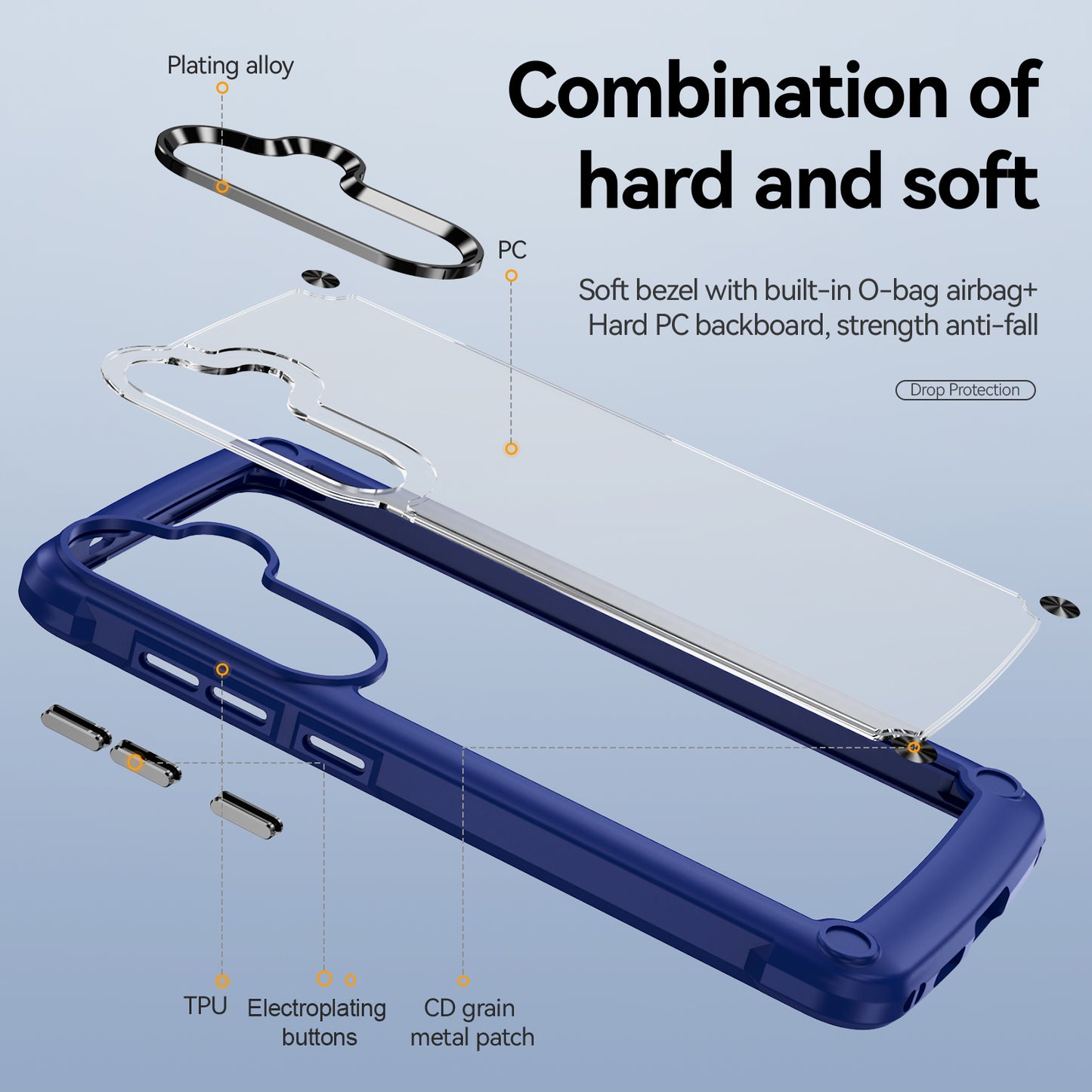 PC+TPU Phone Case for Samsung Galaxy S24+ Phone Cover with Anti-Drop Alloy Lens Frame - Blue+Black