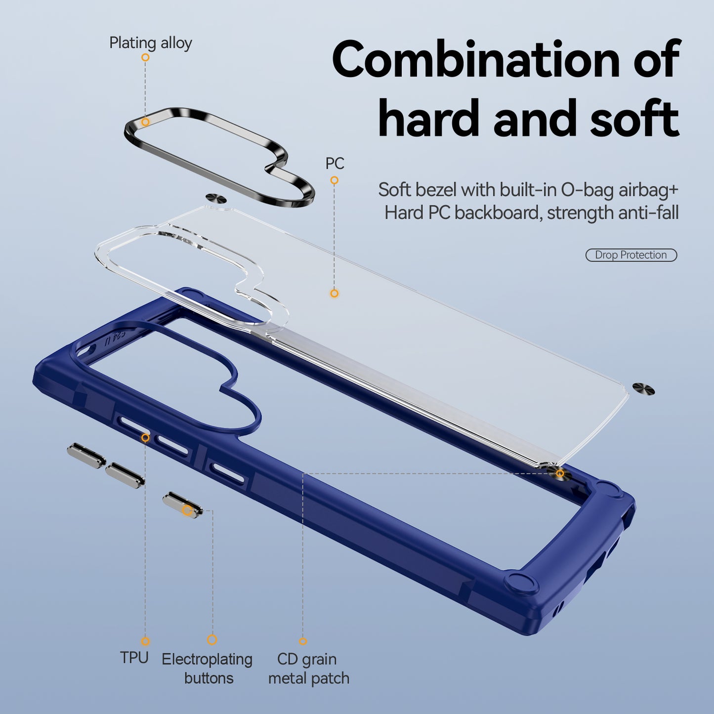 For Samsung Galaxy S24 Ultra Case Anti-fall PC + TPU Phone Protector with Alloy Lens Frame - Blue+Black