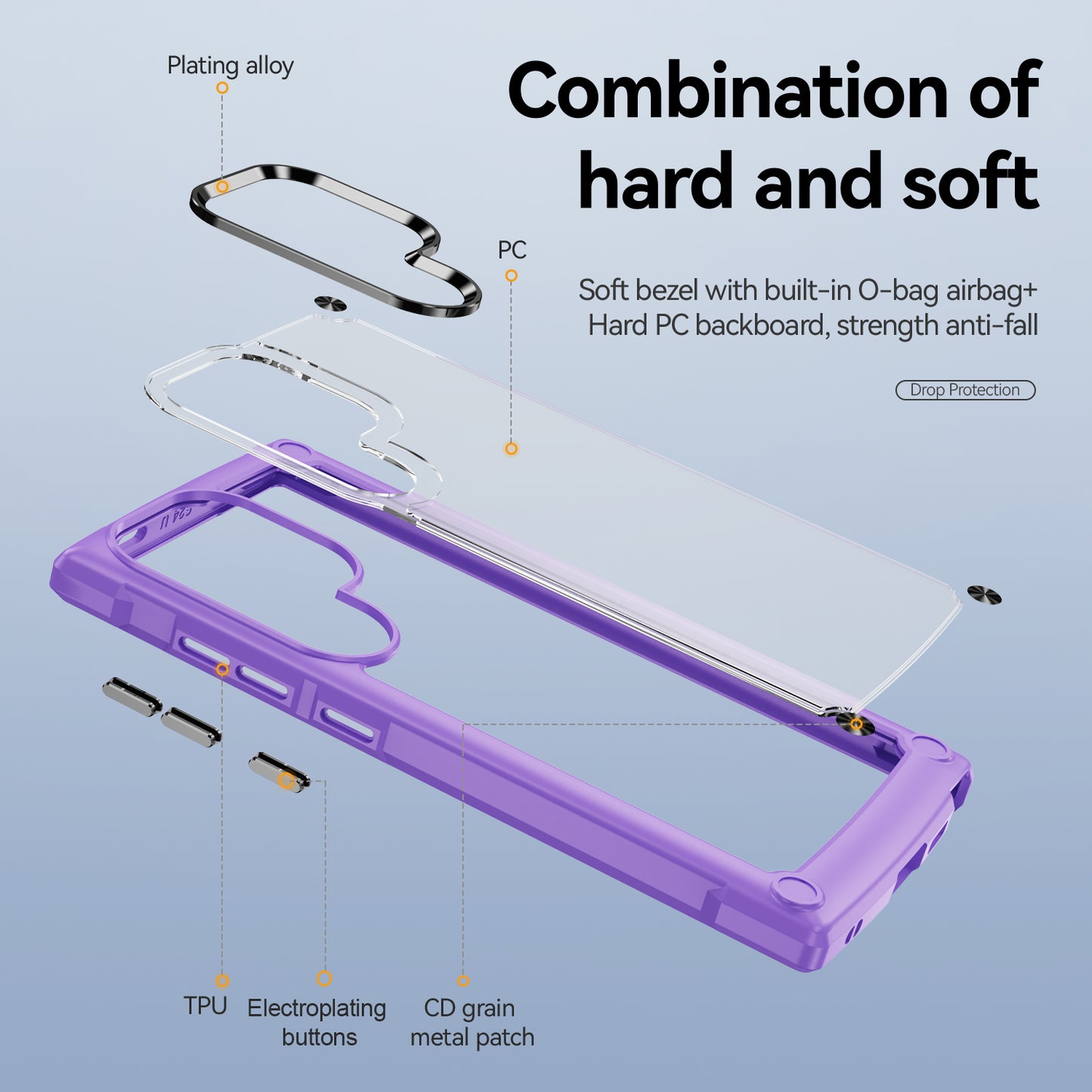 For Samsung Galaxy S24 Ultra Case Anti-fall PC + TPU Phone Protector with Alloy Lens Frame - Purple+Black