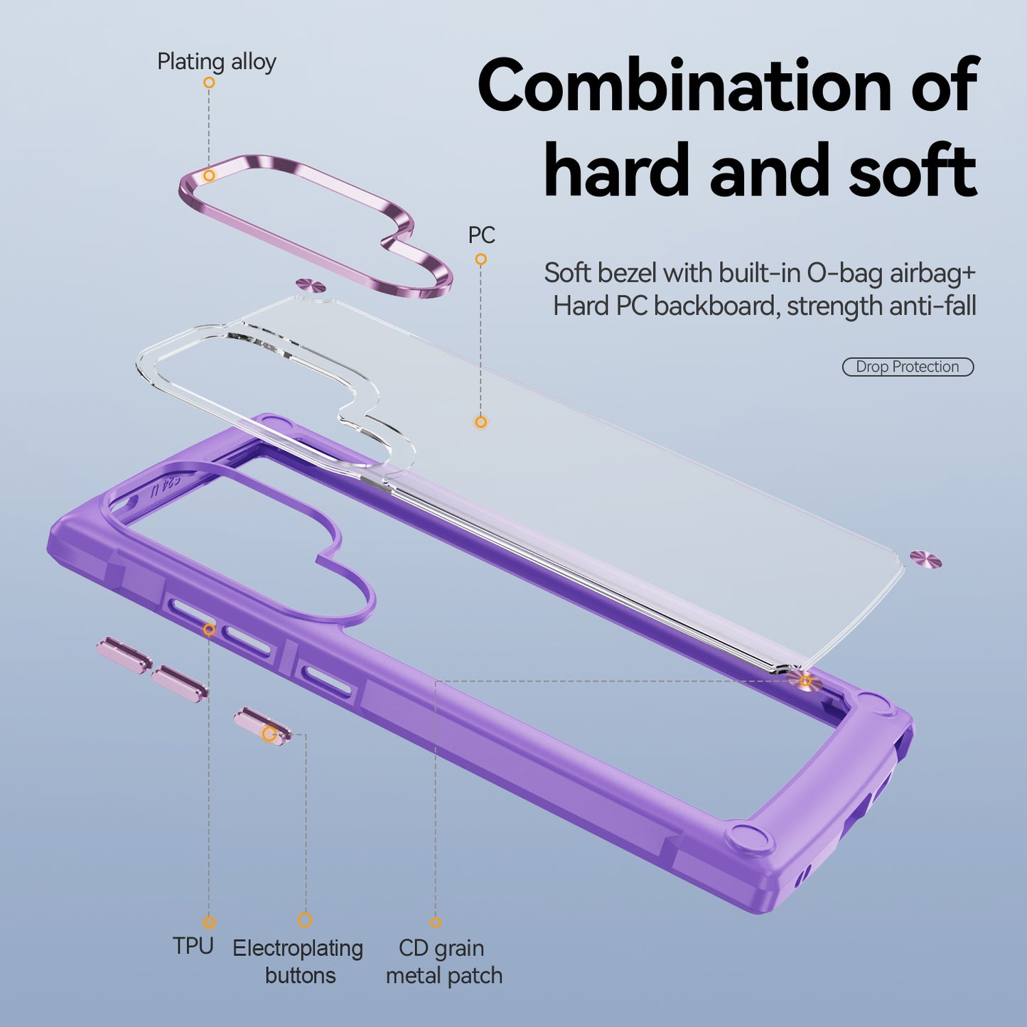 For Samsung Galaxy S24 Ultra Case Anti-fall PC + TPU Phone Protector with Alloy Lens Frame - Purple