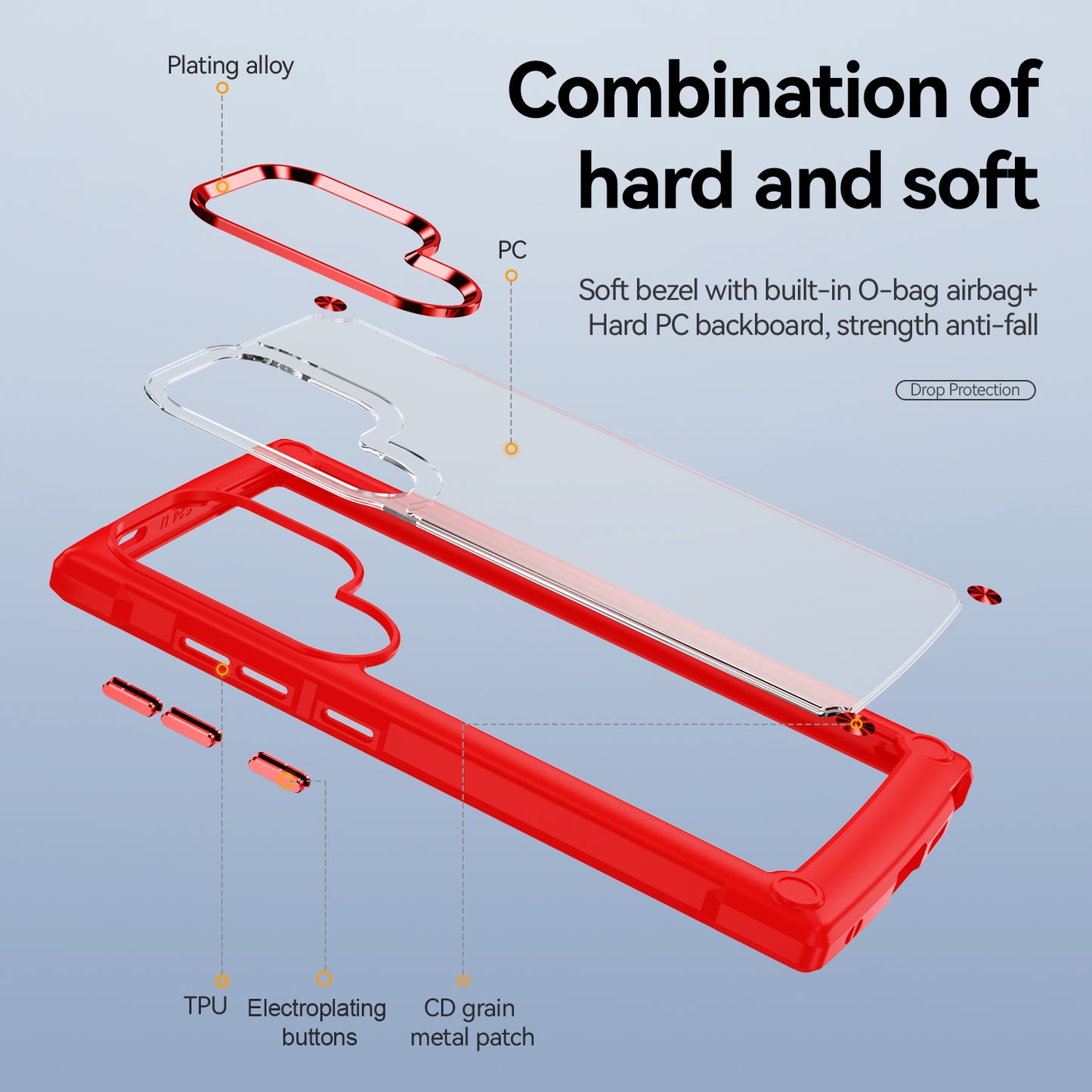 For Samsung Galaxy S24 Ultra Case Anti-fall PC + TPU Phone Protector with Alloy Lens Frame - Red