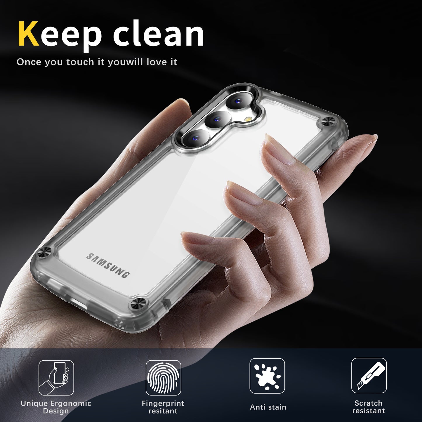 For Samsung Galaxy S24 Case Anti-drop TPU Frame Clear PC Back Cover - Transparent+Black