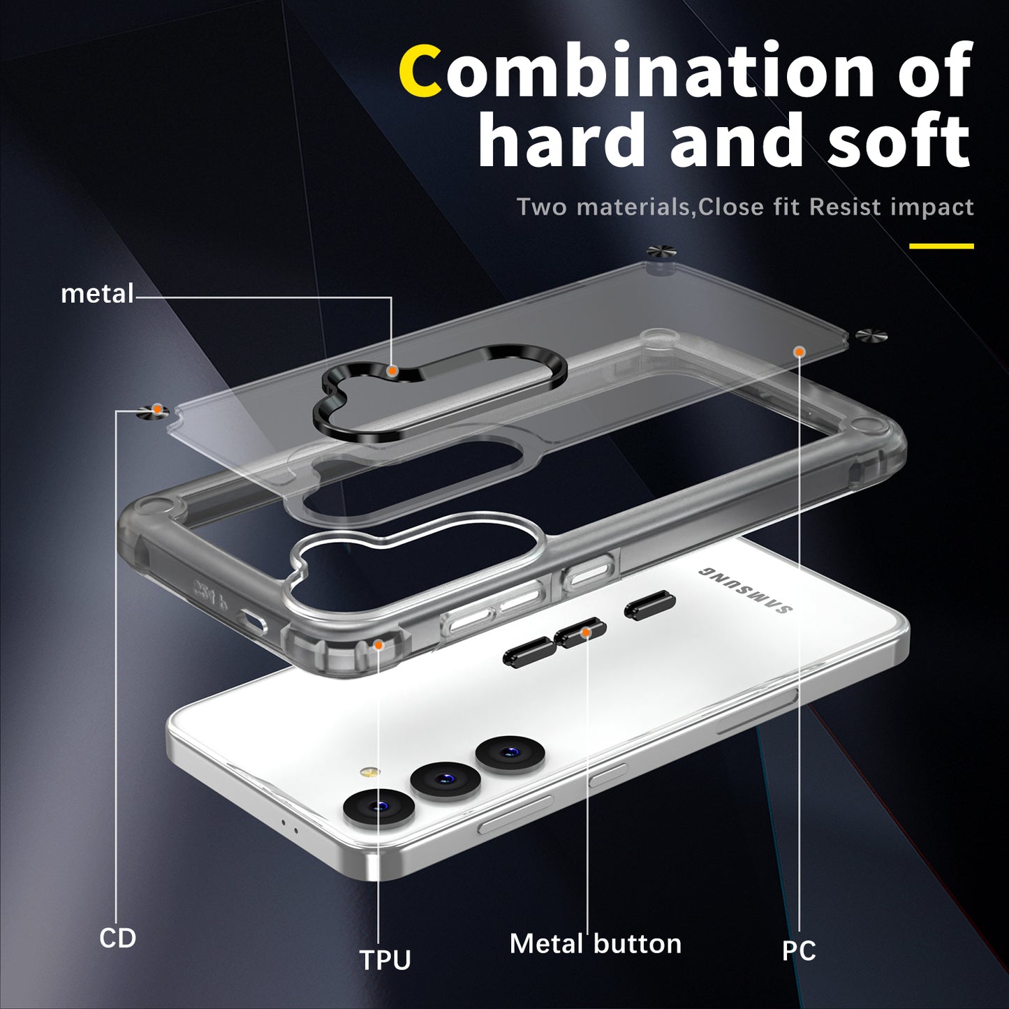 For Samsung Galaxy S24 Case Anti-drop TPU Frame Clear PC Back Cover - Transparent+Black