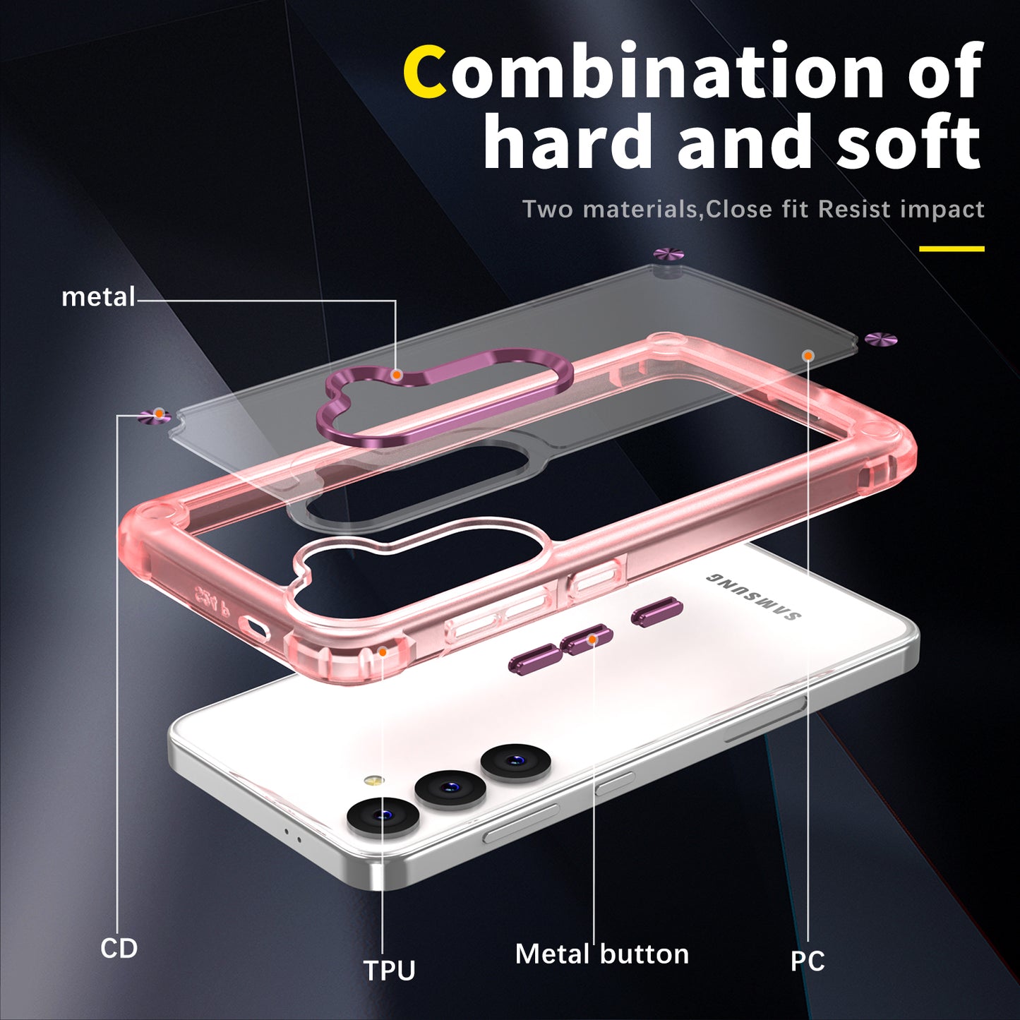 For Samsung Galaxy S24+ Clear Case PC+TPU Cover with Camera Lens Frame - Transparent+Pink