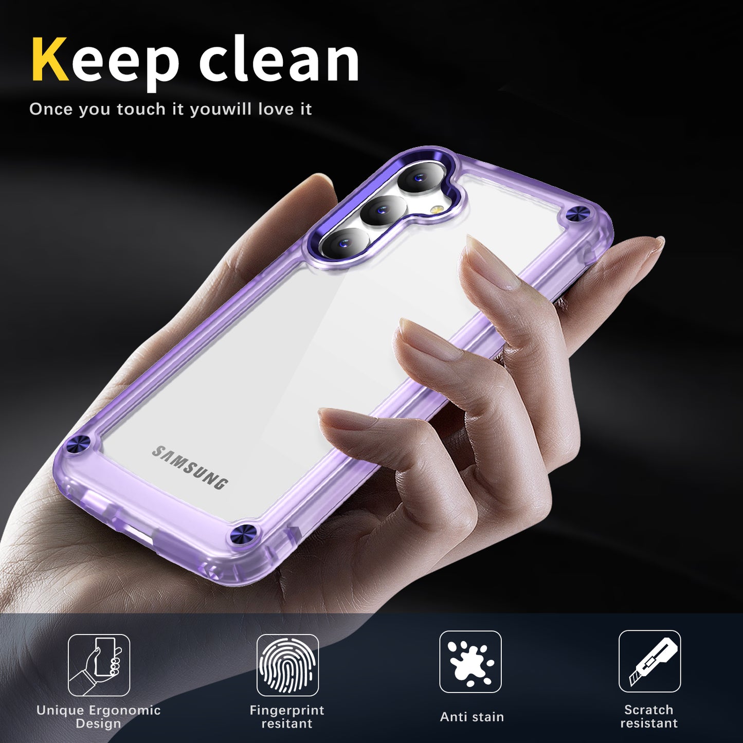 For Samsung Galaxy S24+ Clear Case PC+TPU Cover with Camera Lens Frame - Transparent+Purple