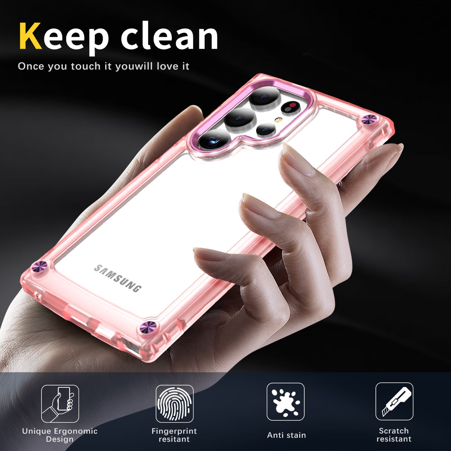 For Samsung Galaxy S24 Ultra Case PC+TPU Skin-touch Clear Phone Cover - Transparent+Pink
