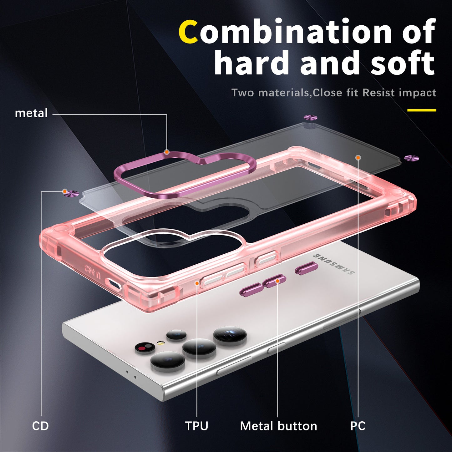 For Samsung Galaxy S24 Ultra Case PC+TPU Skin-touch Clear Phone Cover - Transparent+Pink