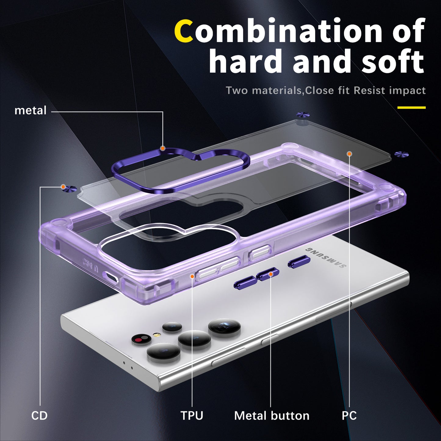 For Samsung Galaxy S24 Ultra Case PC+TPU Skin-touch Clear Phone Cover - Transparent+Purple