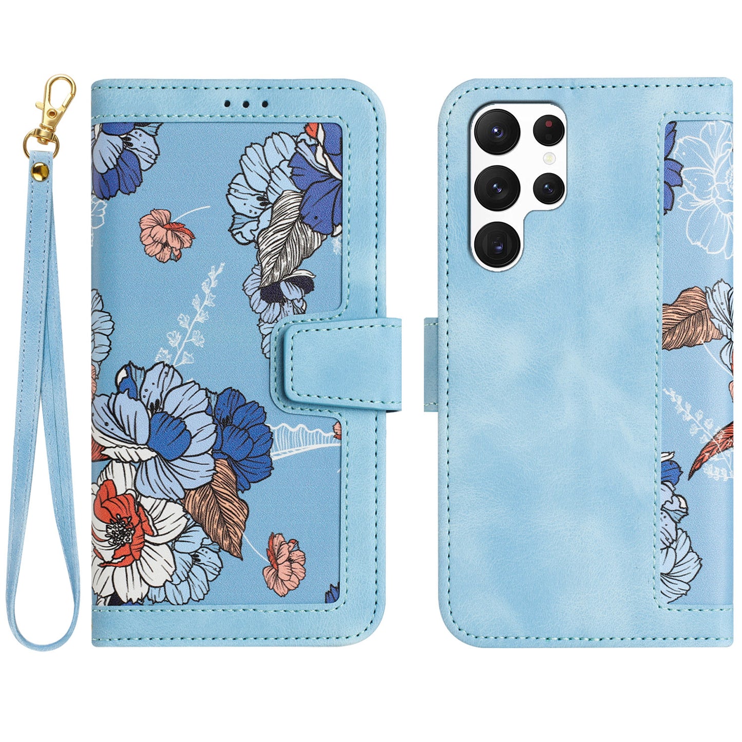 For Samsung Galaxy S24 Ultra Leather Case Flower Pattern Stand Phone Cover - Baby Blue