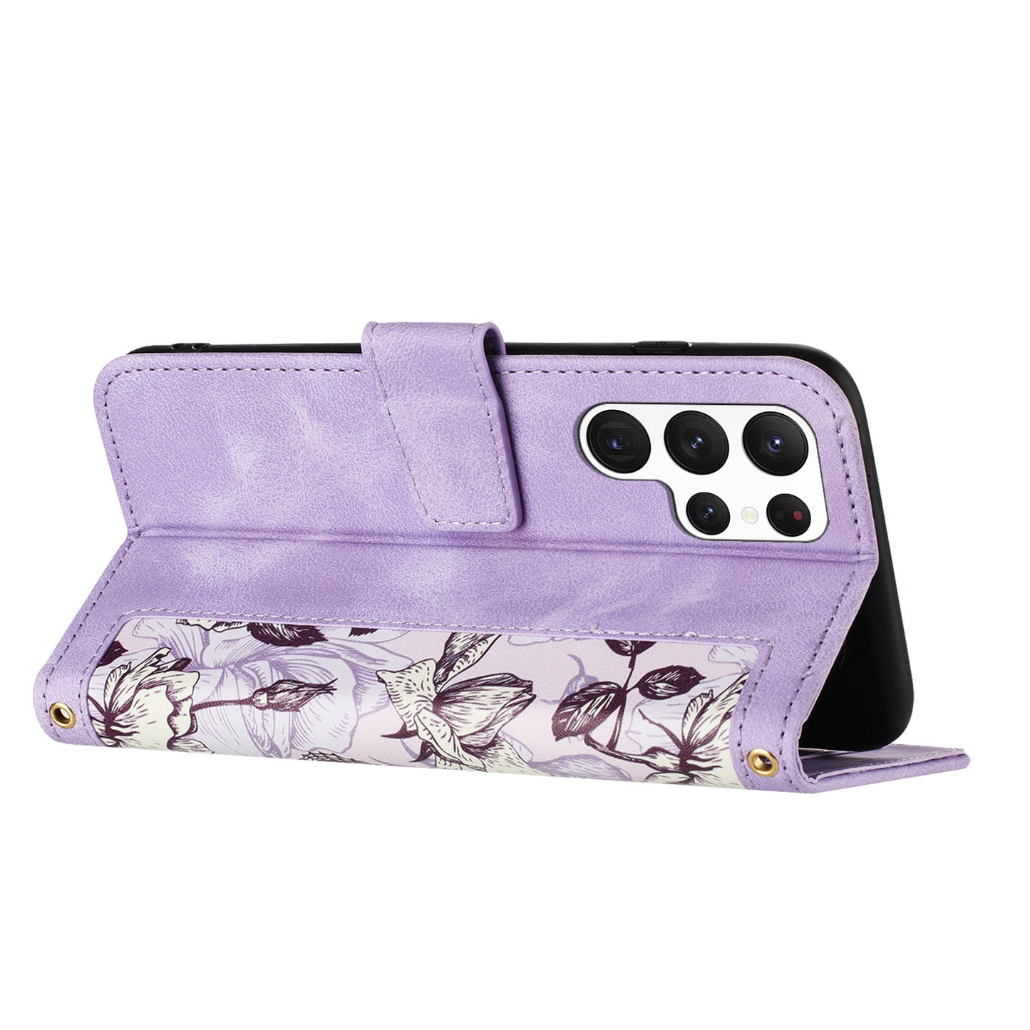 For Samsung Galaxy S24 Ultra Leather Case Flower Pattern Stand Phone Cover - Light Purple