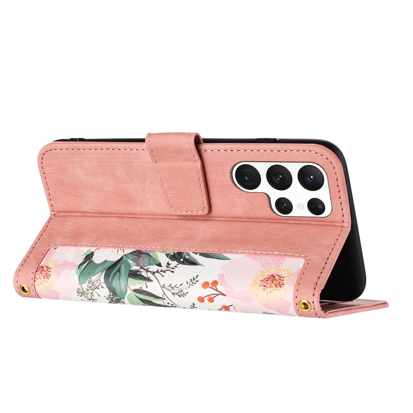 For Samsung Galaxy S24 Ultra Leather Case Flower Pattern Stand Phone Cover - Pink