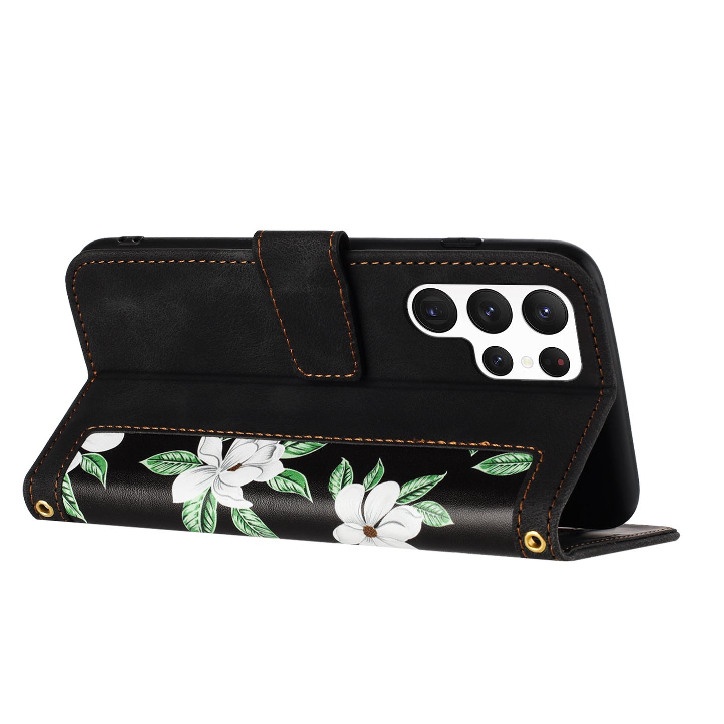 For Samsung Galaxy S24 Ultra Leather Case Flower Pattern Stand Phone Cover - Black