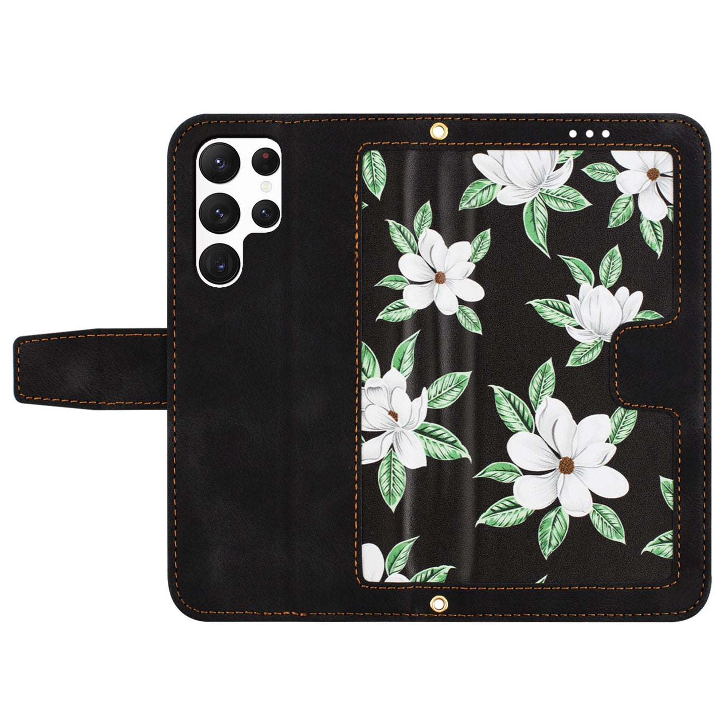 For Samsung Galaxy S24 Ultra Leather Case Flower Pattern Stand Phone Cover - Black