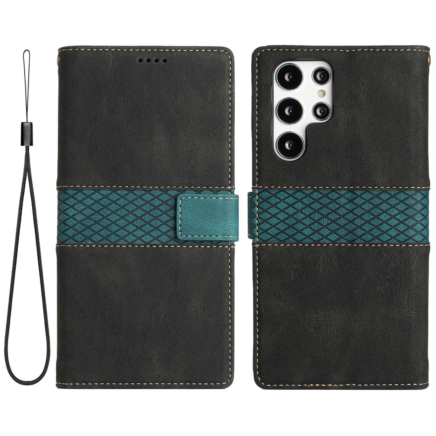 Phone Case for Samsung Galaxy S24 Ultra Grid Splicing Stand PU Leather Wallet Phone Cover with Strap - Black