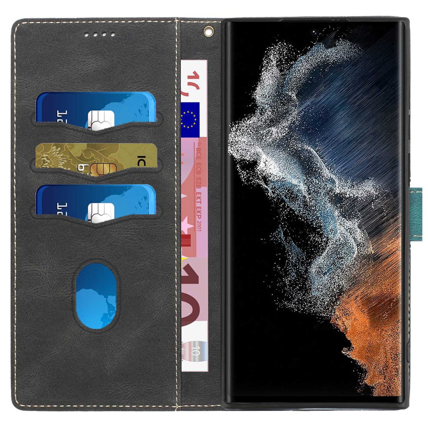 Phone Case for Samsung Galaxy S24 Ultra Grid Splicing Stand PU Leather Wallet Phone Cover with Strap - Black