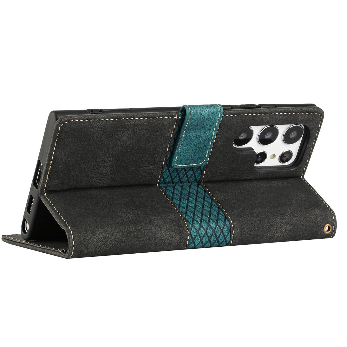 Phone Case for Samsung Galaxy S24 Ultra Grid Splicing Stand PU Leather Wallet Phone Cover with Strap - Black