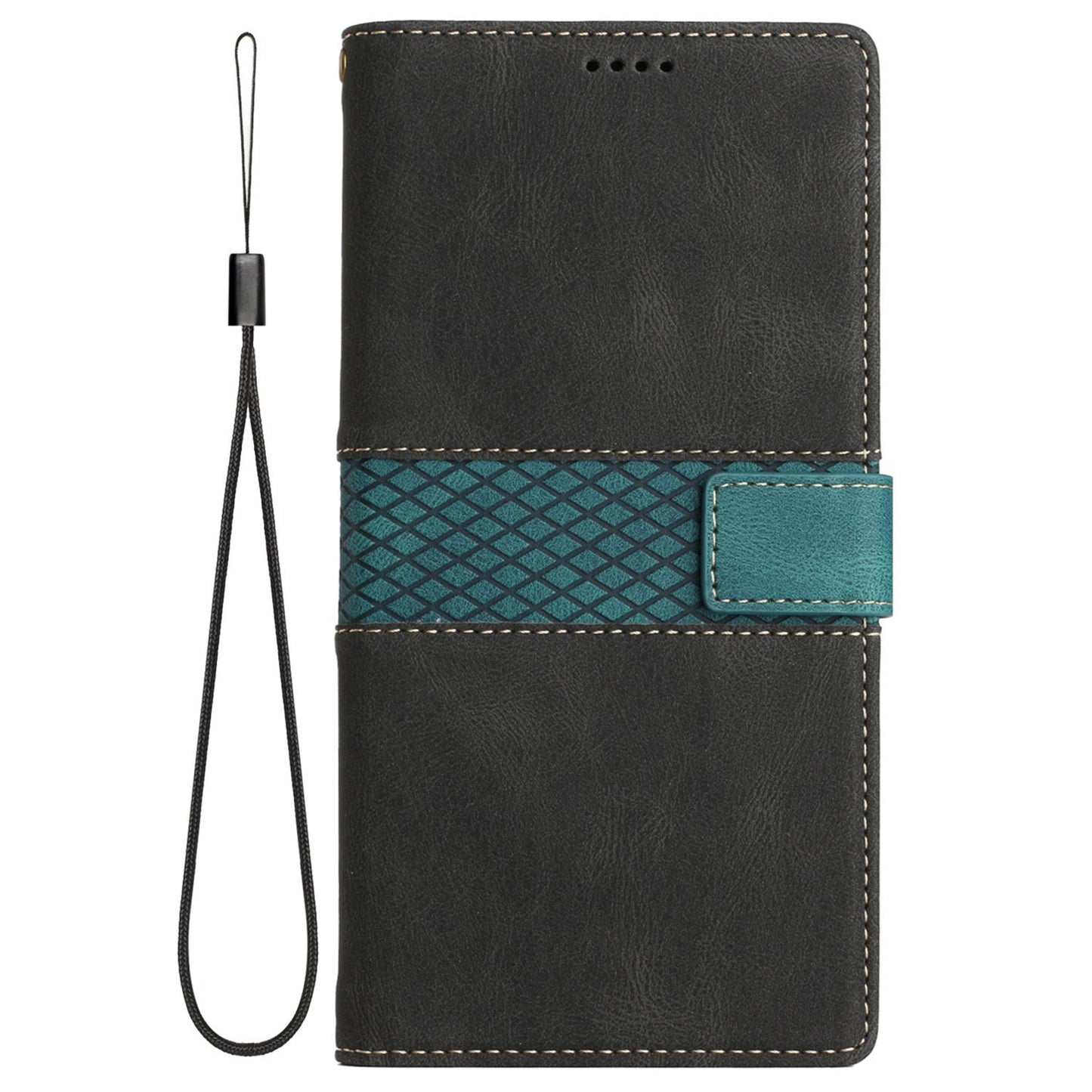 Phone Case for Samsung Galaxy S24 Ultra Grid Splicing Stand PU Leather Wallet Phone Cover with Strap - Black