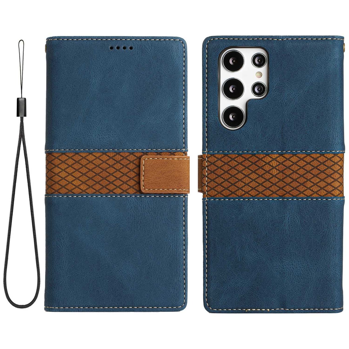Phone Case for Samsung Galaxy S24 Ultra Grid Splicing Stand PU Leather Wallet Phone Cover with Strap - Blue