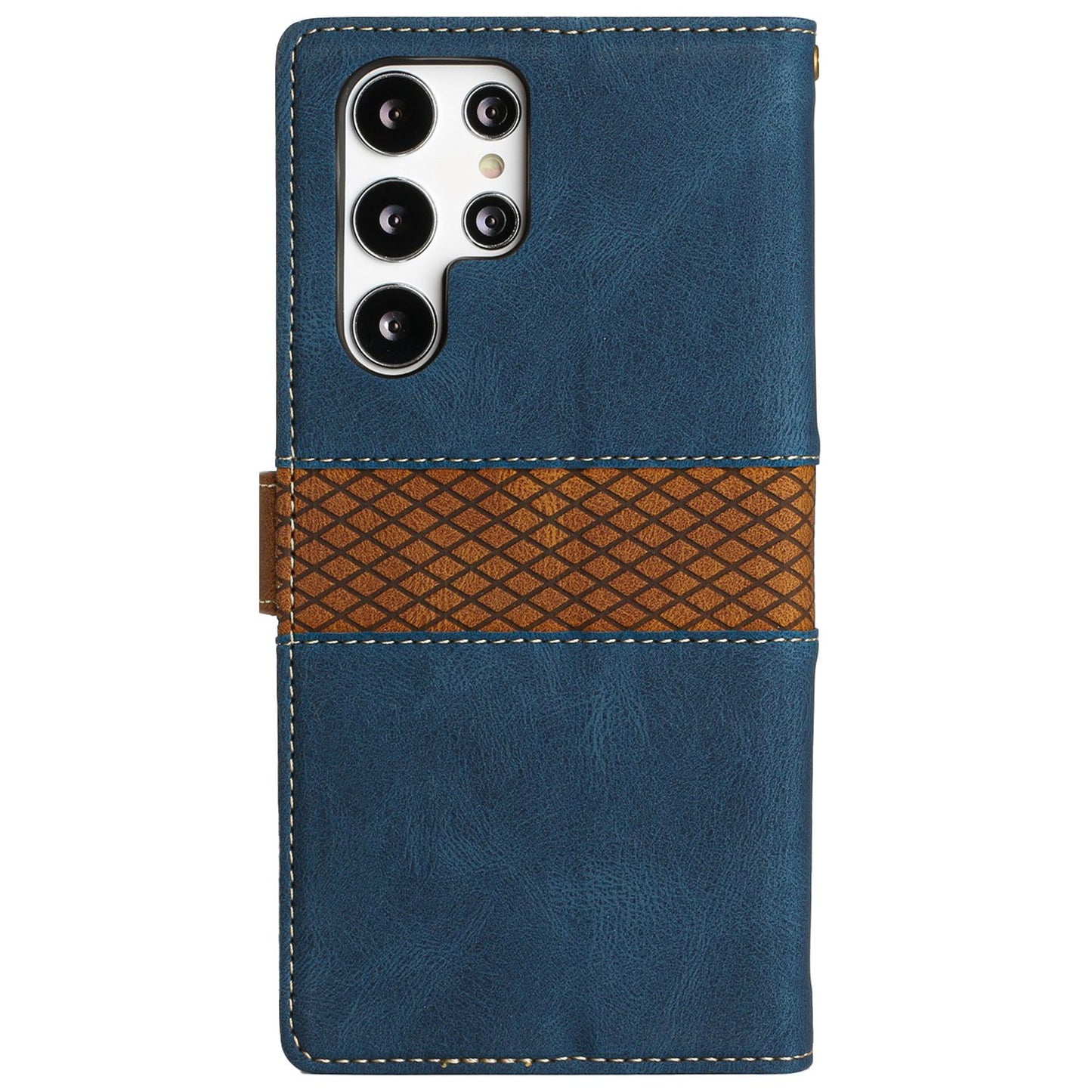 Phone Case for Samsung Galaxy S24 Ultra Grid Splicing Stand PU Leather Wallet Phone Cover with Strap - Blue