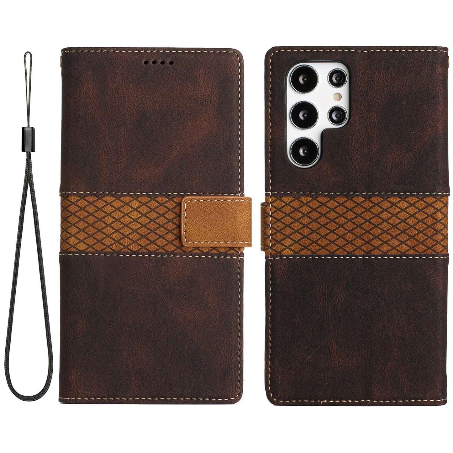 Phone Case for Samsung Galaxy S24 Ultra Grid Splicing Stand PU Leather Wallet Phone Cover with Strap - Brown